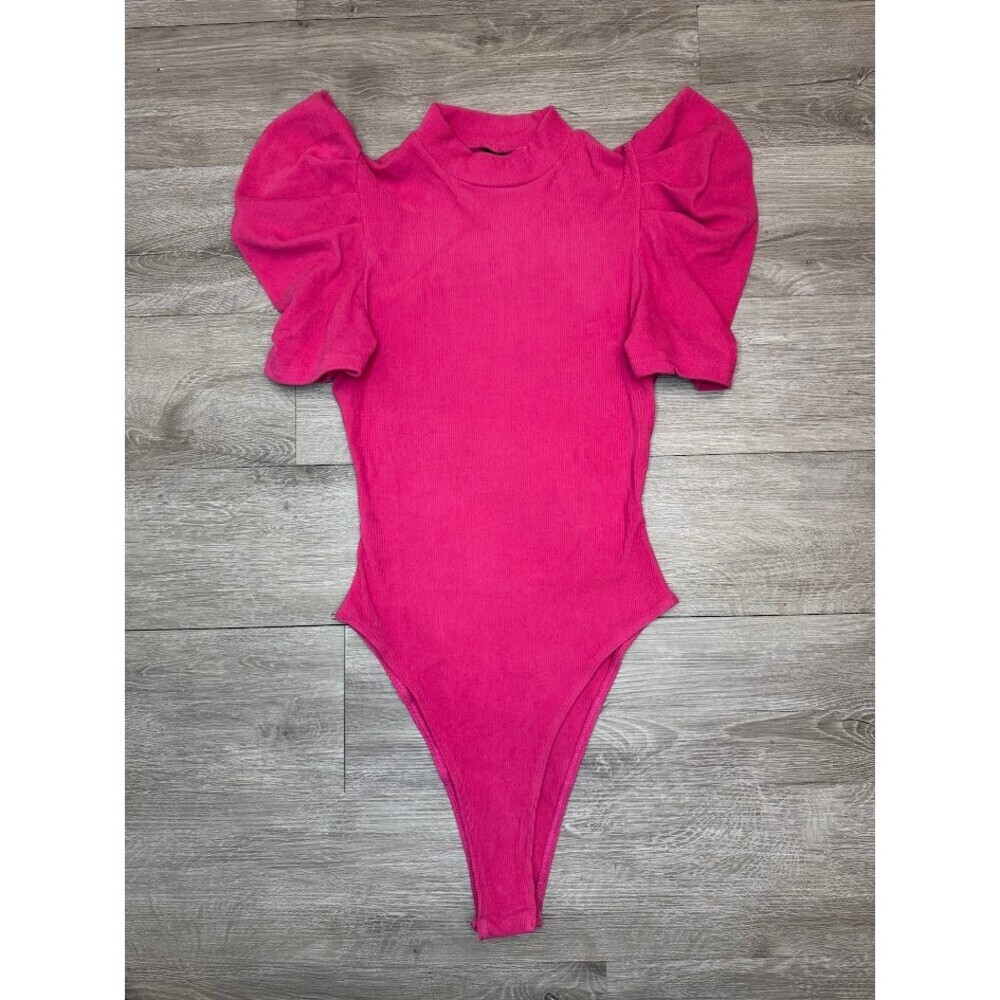 Hot Pink Fuchsia Puff Sleeve Ribbed Bodysuit XS Feminine Barbiecore